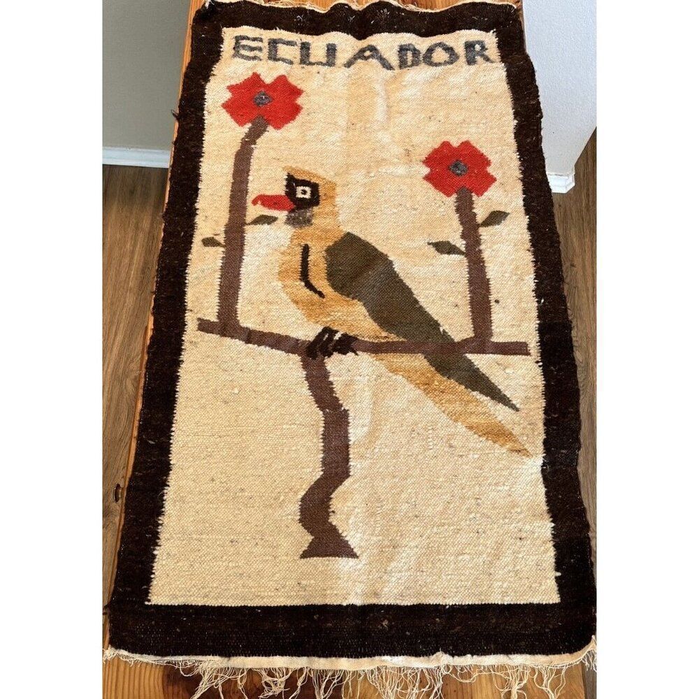 Woven Wool ECUADOR Rug Tapestry Bird Flowers 24” X 42” Handmade